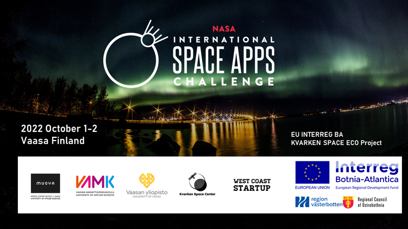 Space Apps banner vaasa with visual of aurora borealis and local event logos