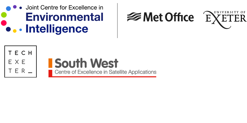Logo for the Joint Centre for Excellence in Environmental Intelligence, with Met Office, University of Exeter, South West Centre of Excellence in Satellite Applicatoins and TechExeter logos